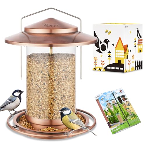 iBorn Bird Feeders for Outdoors Hanging,Metal Bird Feeders for Cardinal Chew Proof 18cm Large Roof&Tray Birdfeeders Outside Hanging,Brushed Copper 6 Port (Seed is not Included) - Image 1