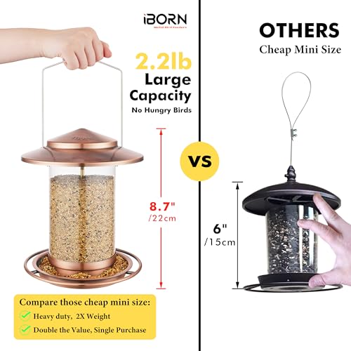 iBorn Bird Feeders for Outdoors Hanging,Metal Bird Feeders for Cardinal Chew Proof 18cm Large Roof&Tray Birdfeeders Outside Hanging,Brushed Copper 6 Port (Seed is not Included) - Image 2