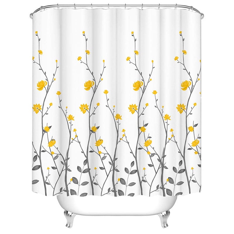 RnnJoile Yellow Flowers Bathroom Shower Curtain Yellow Floral with Grey Leaves Bath Curtain White Pattern Fabric Bathroom Accessories with 12 Hooks 72x72