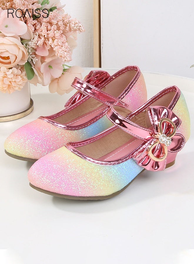 roaiss Girls Stylish Dress Shoes, Low Heels Mary Jane Shoes with Bowknot, Shiny Princess Shoes with Adhesive Velcro Design, Suitable for Parties, Weddings, School, Daily wearing or Other Occasions  - Image 3
