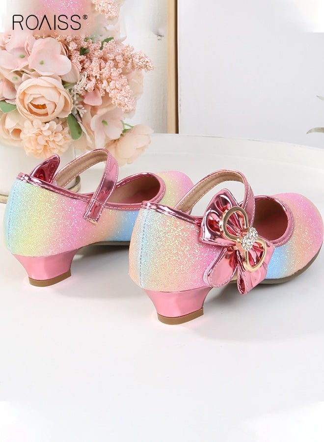 roaiss Girls Stylish Dress Shoes, Low Heels Mary Jane Shoes with Bowknot, Shiny Princess Shoes with Adhesive Velcro Design, Suitable for Parties, Weddings, School, Daily wearing or Other Occasions  - Image 4