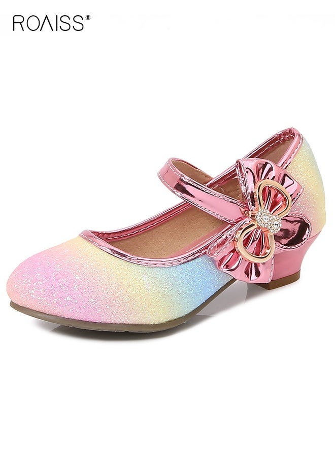 roaiss Girls Stylish Dress Shoes, Low Heels Mary Jane Shoes with Bowknot, Shiny Princess Shoes with Adhesive Velcro Design, Suitable for Parties, Weddings, School, Daily wearing or Other Occasions  - Image 1