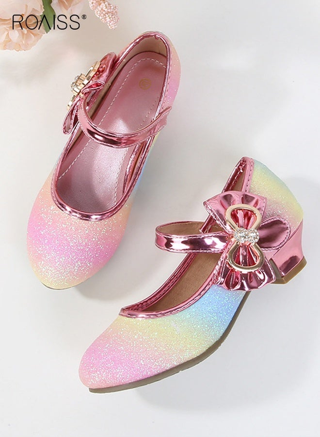 roaiss Girls Stylish Dress Shoes, Low Heels Mary Jane Shoes with Bowknot, Shiny Princess Shoes with Adhesive Velcro Design, Suitable for Parties, Weddings, School, Daily wearing or Other Occasions  - Image 5