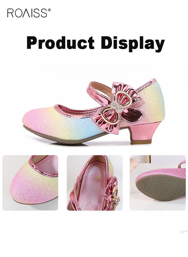 roaiss Girls Stylish Dress Shoes, Low Heels Mary Jane Shoes with Bowknot, Shiny Princess Shoes with Adhesive Velcro Design, Suitable for Parties, Weddings, School, Daily wearing or Other Occasions  - Image 2
