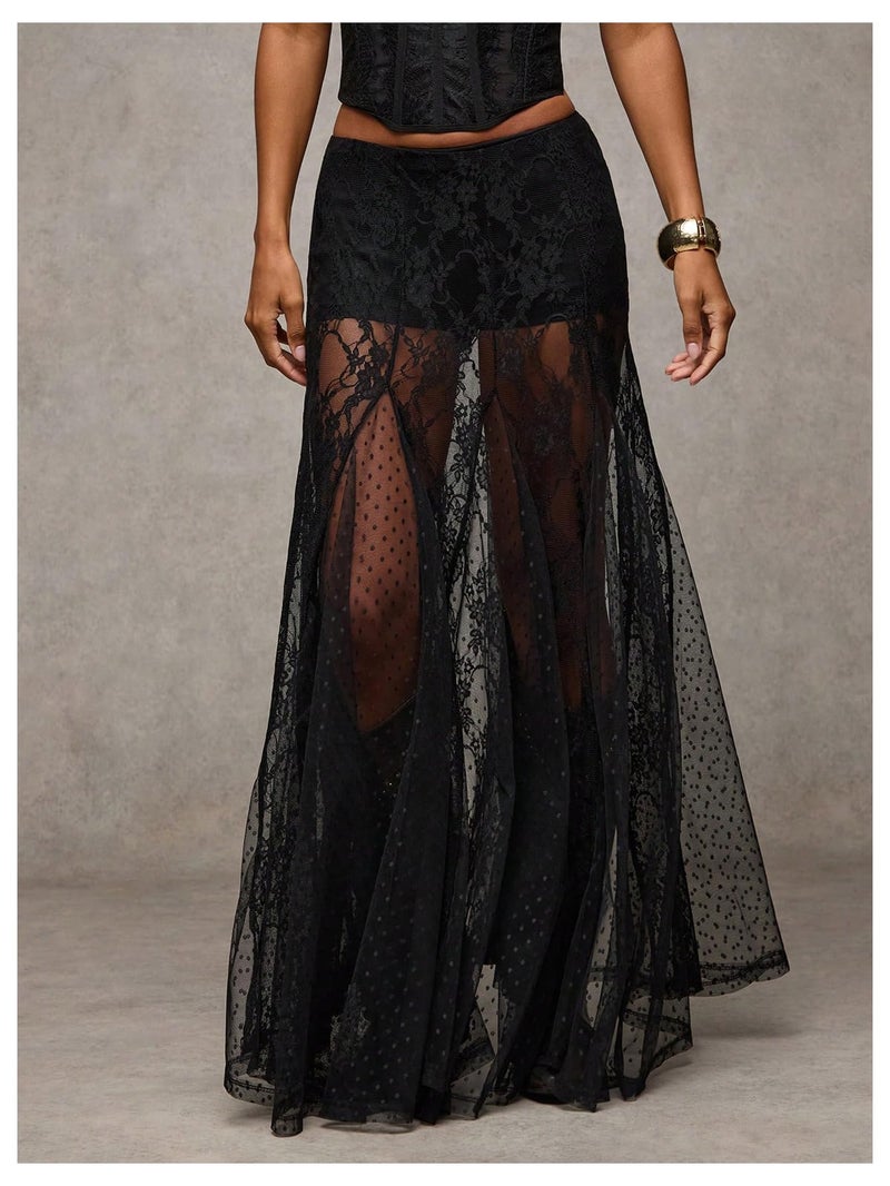 MakeMeChic Women's Lace Sheer Maxi Skirts Floral Polka Dots A Line Ruffle Boho Goth Long Skirts Black X-Large - Image 3