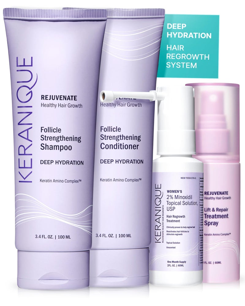 Keranique Hair Growth Treatment for Women Minoxidil Regrowth System with Hydrating Shampoo Conditioner Volumizing Spray and Hair Loss Treatment