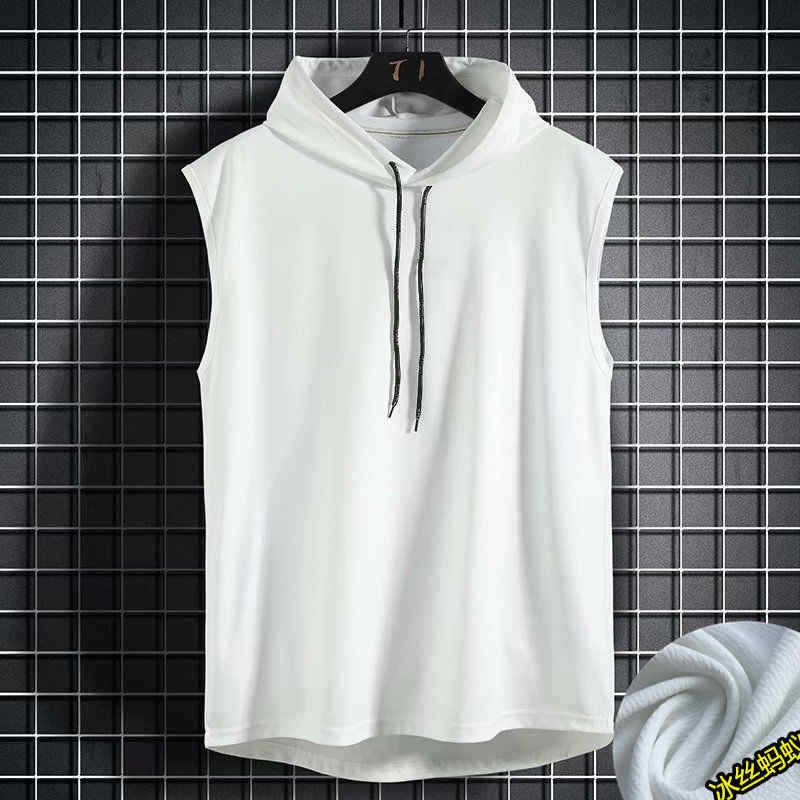 Mens Casual Sleeveless Hoodie T-shirt Pure Color Polyester Fiber Sportswear Loose Fit Summer Thin Model for Teenagers White vest hooded 