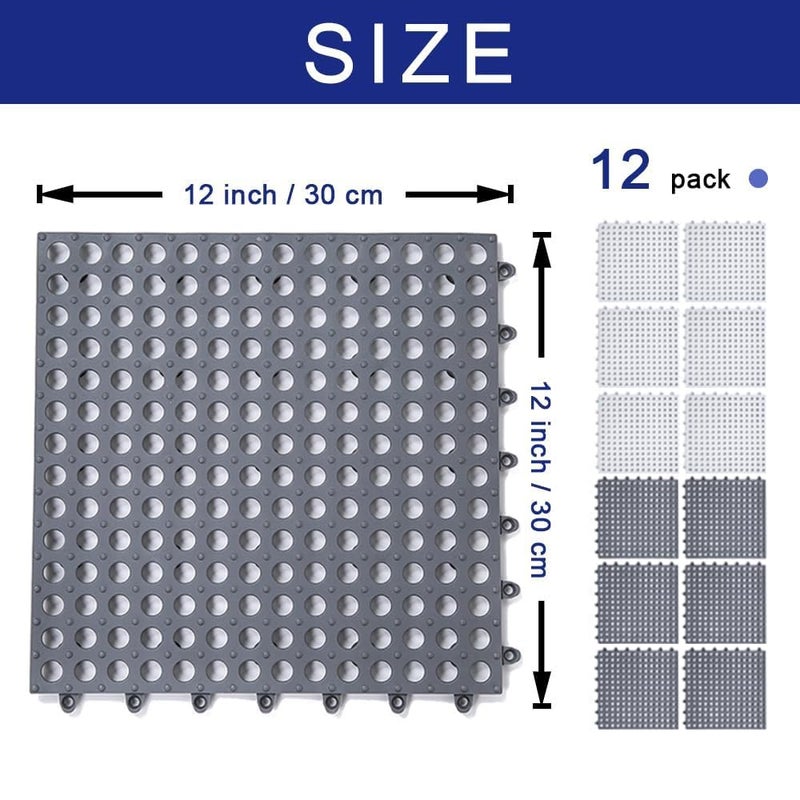 BHAVENA Modular Interlocking Floor Tiles, 11.8” PVC Waterproof Mats with Drain Holes for Bathroom, Kitchen, Patio & Pool | Anti-Slip, Quick Install | Pack of (16) - Image 3