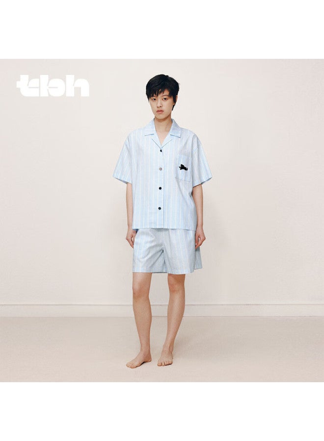 Tbh Soft Cotton Black Leopard Tencel Cotton Home Wear Set, Couple's Pajamas, Short Style, Water Drop Blue, Xs