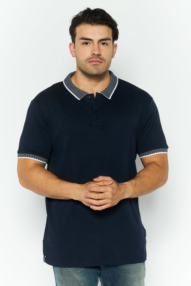 Threadbare Men Regular Fit Textured Short Sleeves Polo, Navy - Image 1