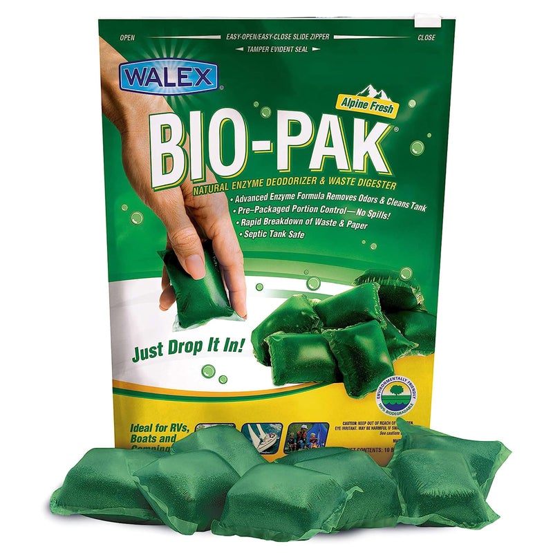 Walex Bio-Pak Black Holding Tank Deodorizer & Waste Digester Drop-Ins - Advanced Enzyme Formula for Rapid Breakdown of Waste & Paper, Removes Odors & Cleans Tank; Alpine Fresh, 10-Pack - Image 1