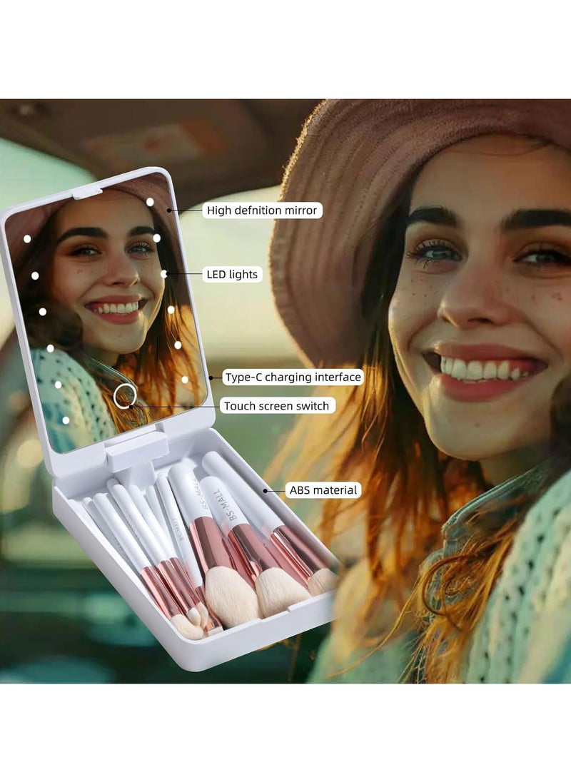 ARNOTEC Travel Makeup Brush Set Foundation Powder Concealers Eye Shadows Makeup Set with LED light Mirror 14 Pcs White  - Image 2