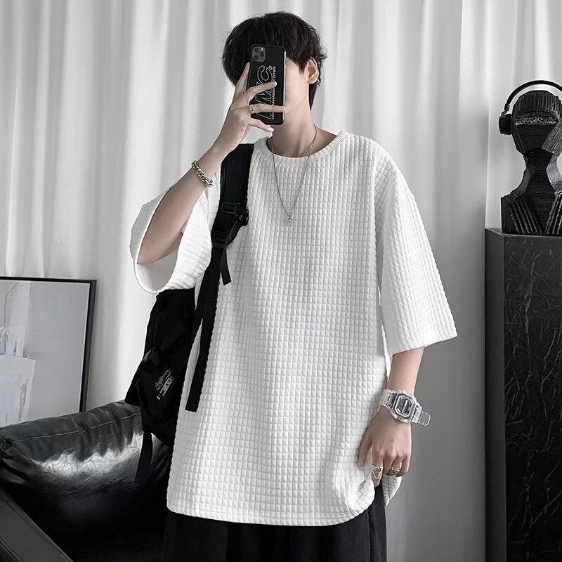 Men'S Summer Short-Sleeved T-Shirt Trendy Brand Half-Sleeved Ins Hong Kong-Style Loose Base Shirt Trendy All-Match Waffleted T-Shirt - Image 1