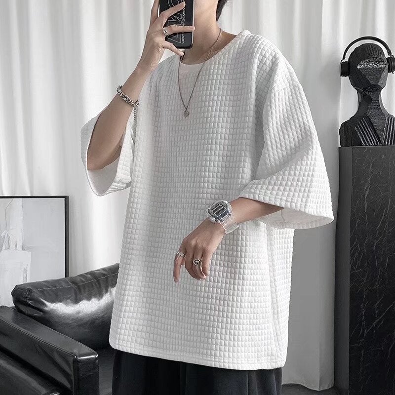 Men'S Summer Short-Sleeved T-Shirt Trendy Brand Half-Sleeved Ins Hong Kong-Style Loose Base Shirt Trendy All-Match Waffleted T-Shirt - Image 2