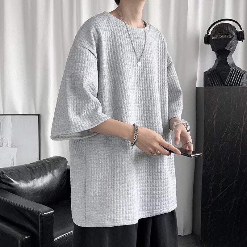 Men'S Summer Short-Sleeved T-Shirt Trendy Brand Half-Sleeved Ins Hong Kong-Style Loose Base Shirt Trendy All-Match Waffleted T-Shirt - Image 5