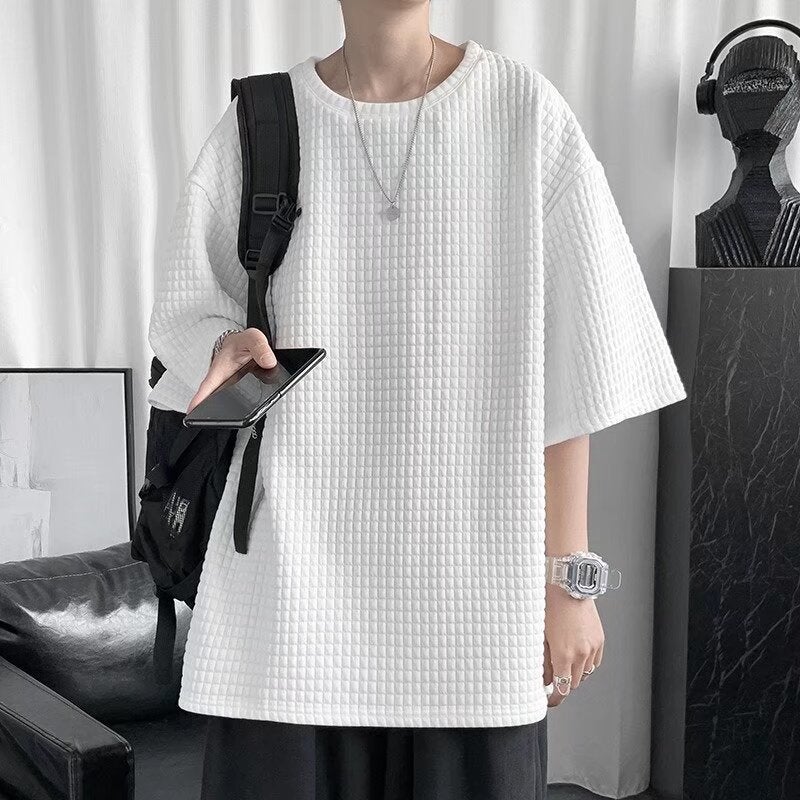Men'S Summer Short-Sleeved T-Shirt Trendy Brand Half-Sleeved Ins Hong Kong-Style Loose Base Shirt Trendy All-Match Waffleted T-Shirt - Image 3