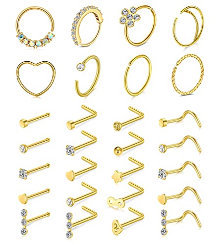 Mayhoop 20g Nose Rings Hoops And Studs For Women Men - Hypoallergenic 316L Surgical Stainless Steel L Shape Nose Screw Bone Silver Rose Gold Black Rainbow Pack 28Pcs - Image 1