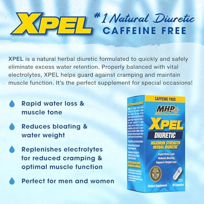 Maximum Human Performance MHP Xpel Maximum Strength Diuretic Water Pills, for Water Retention Relief, Caffeine-Free with Vitamin B-6 Potassium Dandelion Root, 80 Capsules - Image 3
