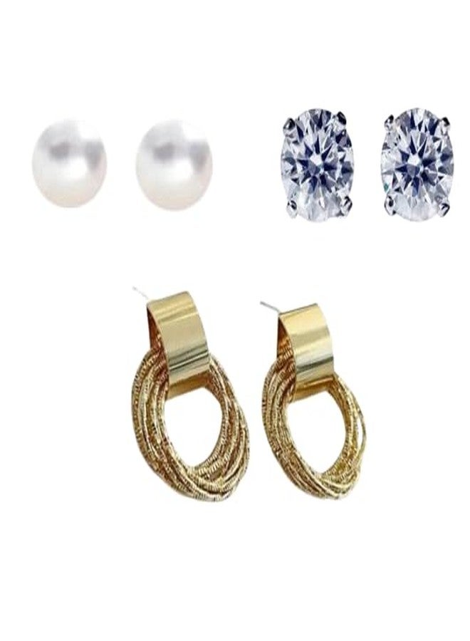 Shivarth ® Designer Shiny Triple Leyar Hoop Earrings, drop & Pearls Crystal Stone Earrings for Girls & Woman (Pack OF 3 Pair Earring) - Image 1