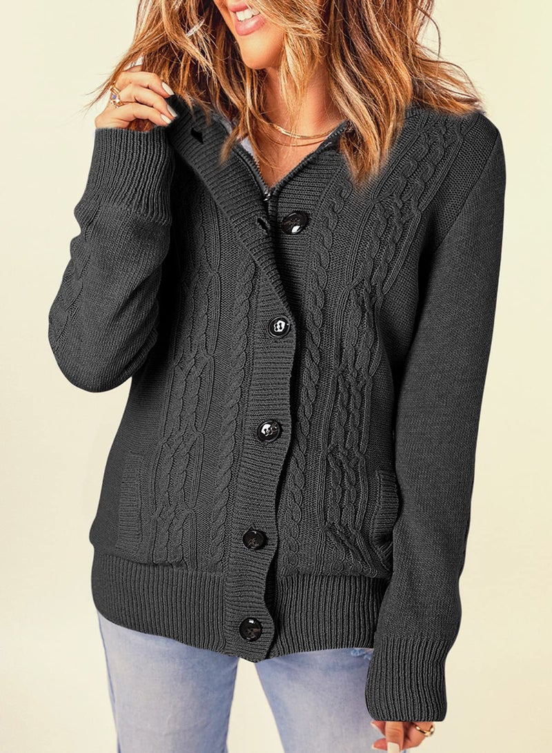 Sidefeel Women's Cardigan Hooded Fleece Lined Jackets Winter Cable Knit Sweater Coat Small Dark Grey - Image 5