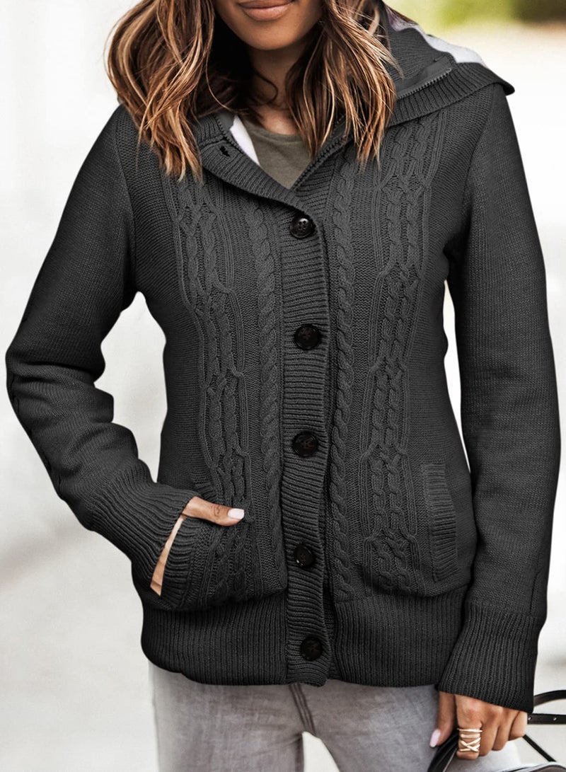 Sidefeel Women's Cardigan Hooded Fleece Lined Jackets Winter Cable Knit Sweater Coat Small Dark Grey - Image 3