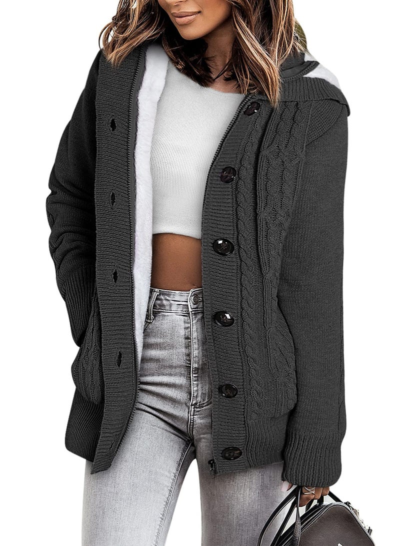 Sidefeel Women's Cardigan Hooded Fleece Lined Jackets Winter Cable Knit Sweater Coat Small Dark Grey - Image 1
