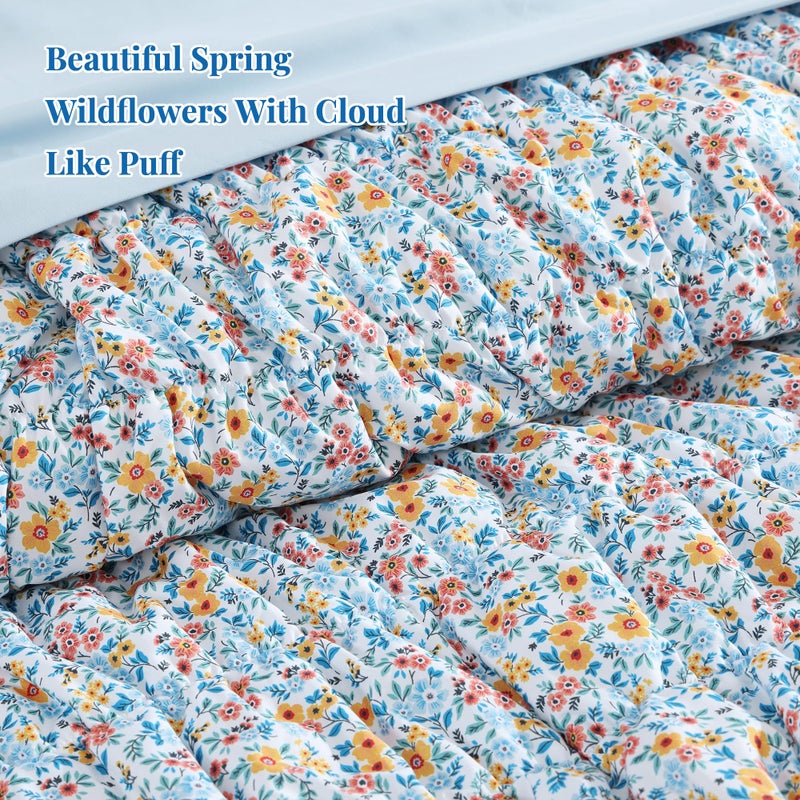 BLOOMHAVEN Full Size Comforter Sets-7 Pieces Puff Marigold Blue Floral Bedding Set for All Seasons, Shabby Chic Farmhouse Bed in a Bag Full with Floral Comforter, Sheets, Pillowcases & Shams - Image 2