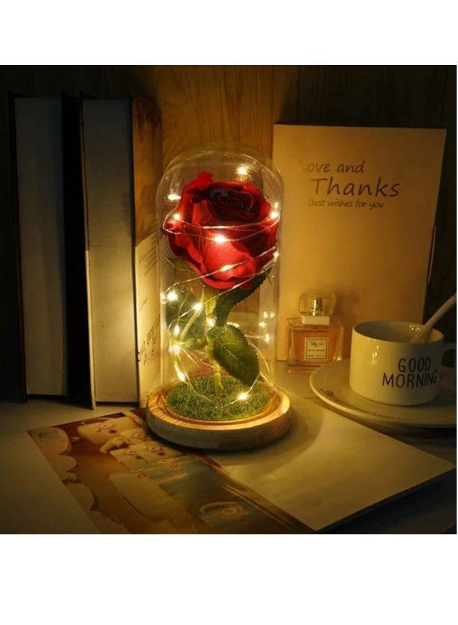 وردة انفينيتي كريستال بشريط إضاءة LED وقبة لعرض الوردة من الزجاج بإضاءة بألوان المجرة  لهدايا النساء و الام  والذكرى السنوية ، - Image 1