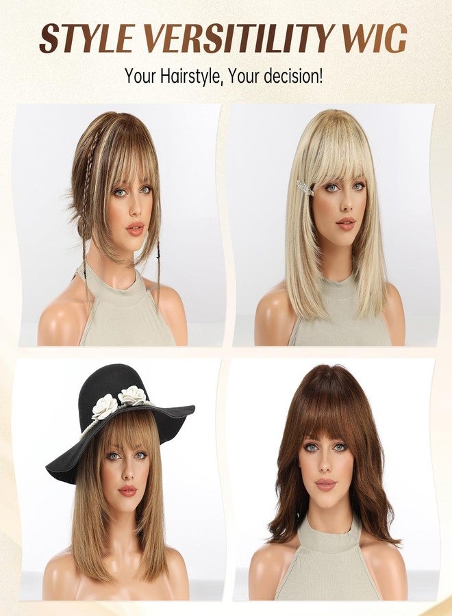 KKU 14 Inch Ombre Golden Brown Layered Straight Human Hair Wig with Bangs, Human Hair Wigs for Women, Wear Natural Realism for Daily Use - Image 2