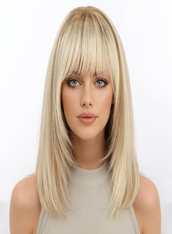 KKU 14 Inch Ombre Golden Brown Layered Straight Human Hair Wig with Bangs, Human Hair Wigs for Women, Wear Natural Realism for Daily Use - Image 1