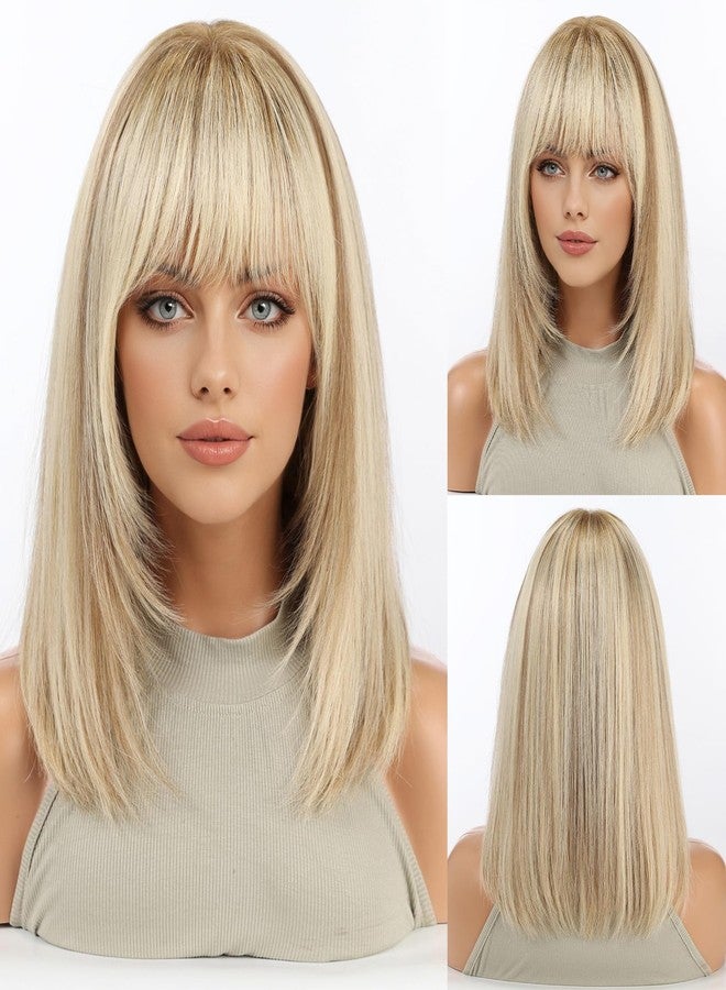 KKU 14 Inch Ombre Golden Brown Layered Straight Human Hair Wig with Bangs, Human Hair Wigs for Women, Wear Natural Realism for Daily Use - Image 3