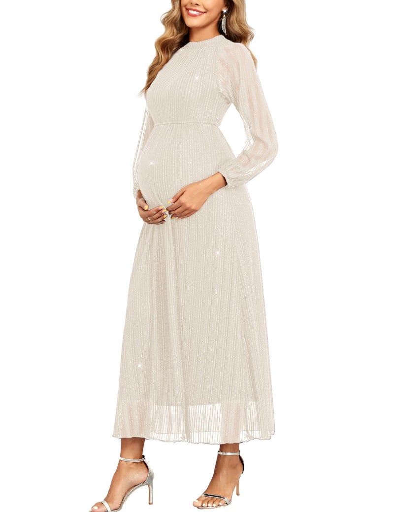 AISWI Maternity Sparkly Dress Halter Neck A Line Long-Sleeve Raglan Pregnancy Dresses Semi Formal Baby Shower Photoshoot, Off White, Small - Image 1