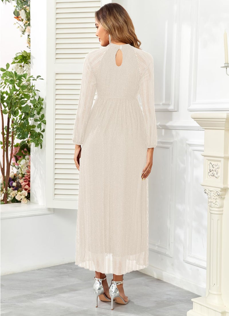 AISWI Maternity Sparkly Dress Halter Neck A Line Long-Sleeve Raglan Pregnancy Dresses Semi Formal Baby Shower Photoshoot, Off White, Small - Image 2