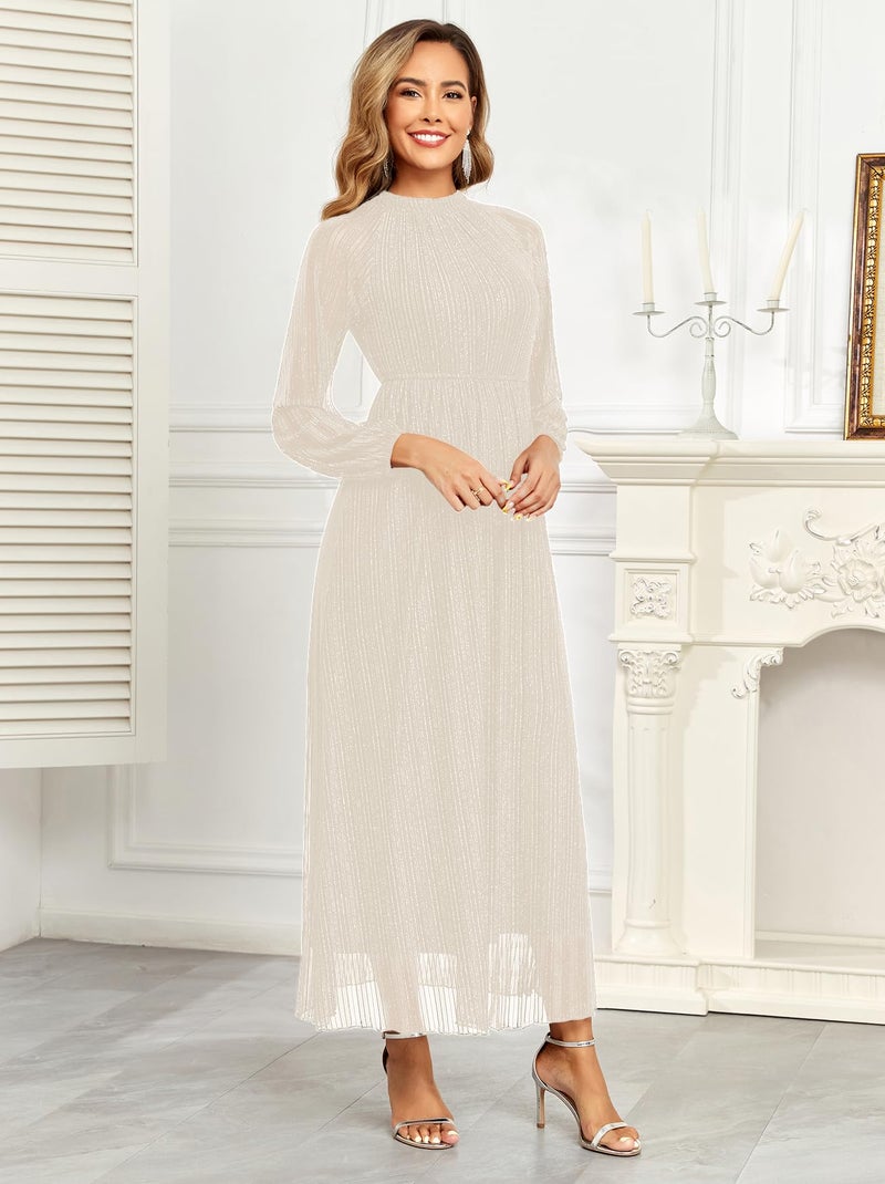 AISWI Maternity Sparkly Dress Halter Neck A Line Long-Sleeve Raglan Pregnancy Dresses Semi Formal Baby Shower Photoshoot, Off White, Small - Image 5