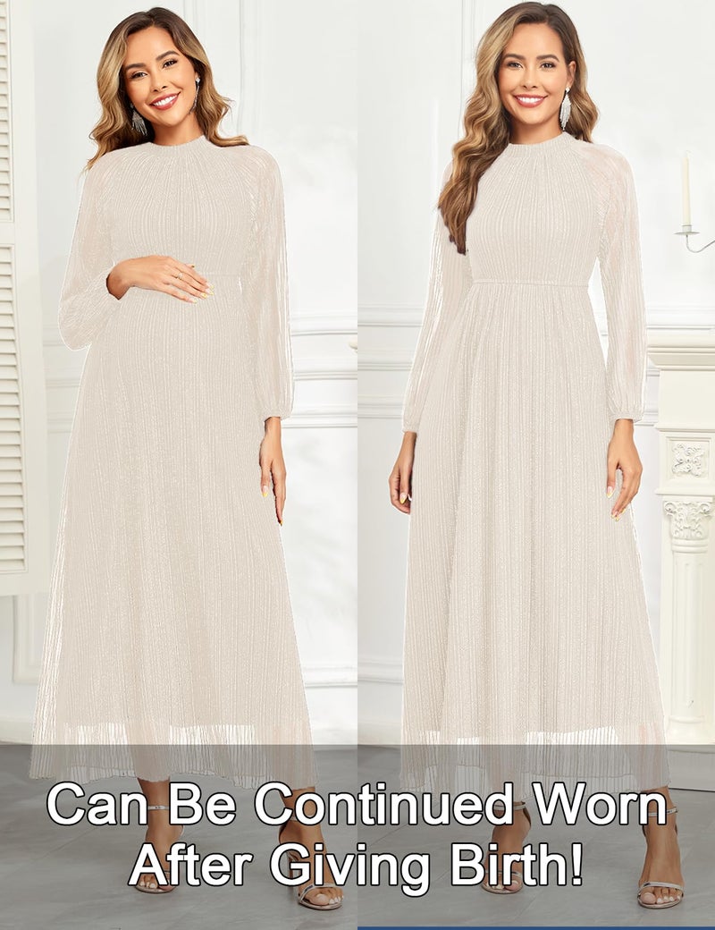 AISWI Maternity Sparkly Dress Halter Neck A Line Long-Sleeve Raglan Pregnancy Dresses Semi Formal Baby Shower Photoshoot, Off White, Small - Image 4