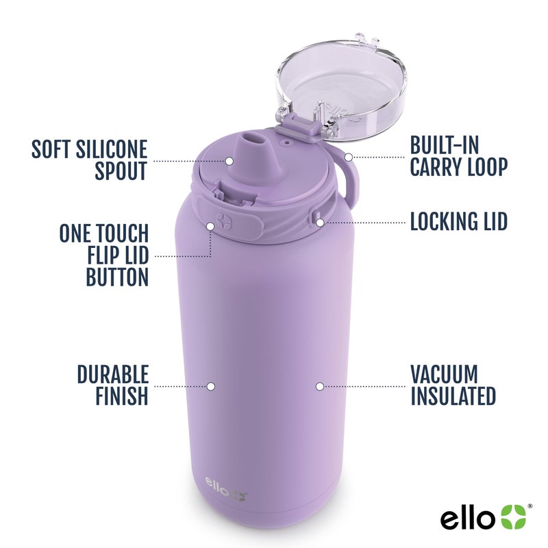 Ello Cooper 40oz Stainless Steel Water Bottle with Straw and Carry Handle, Double Walled and Vacuum Insulated Metal, Leak Proof Locking Lid with Soft Silicone Spout, Reusable, BPA Free, Lilac - Image 3