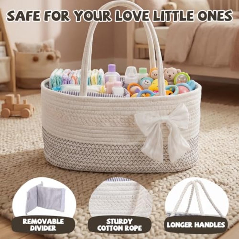 Diaper Caddy Organizer Large Cotton Rope Baby Basket with Removable Divider Portable Nursery Storage for Diapers and Wipes Changing Table Organizer for Newborn Baby Shower Supplies - Image 3