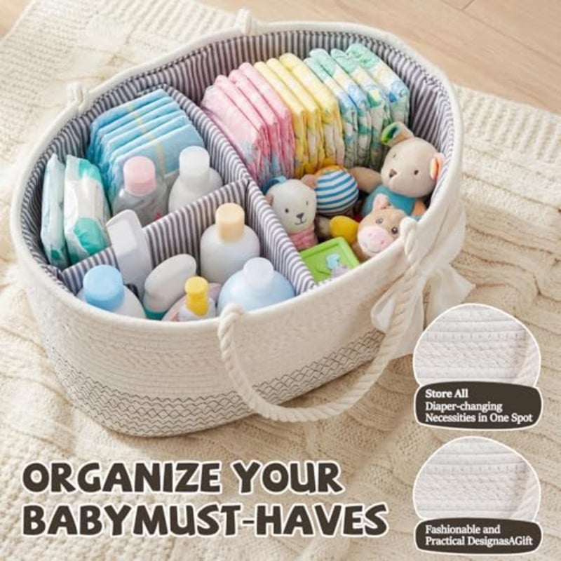 Diaper Caddy Organizer Large Cotton Rope Baby Basket with Removable Divider Portable Nursery Storage for Diapers and Wipes Changing Table Organizer for Newborn Baby Shower Supplies - Image 5