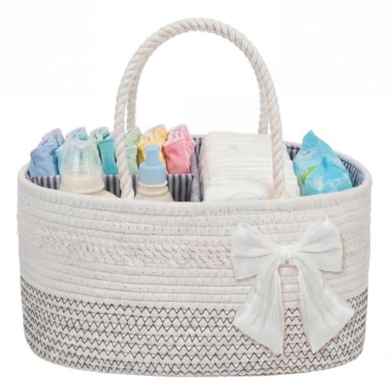 Diaper Caddy Organizer Large Cotton Rope Baby Basket with Removable Divider Portable Nursery Storage for Diapers and Wipes Changing Table Organizer for Newborn Baby Shower Supplies - Image 1