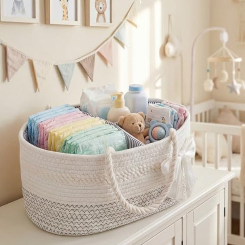 Diaper Caddy Organizer Large Cotton Rope Baby Basket with Removable Divider Portable Nursery Storage for Diapers and Wipes Changing Table Organizer for Newborn Baby Shower Supplies - Image 4