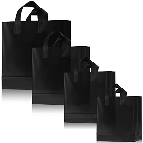 Weewooday 100 Pcs Frosted Plastic Gift Bags with Handles for Small Business Clear Shopping Bags with Cardboard Bottom,4 Sizes (Black) - Image 1