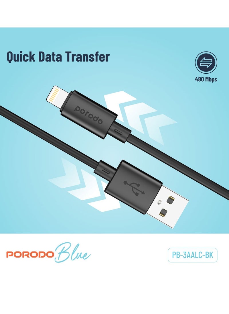 porodo - USB A to Lightning PVC Cable 1.2M / 3A Fast Charge /Flexible Material /Universal Compatibility - Black - Image 1