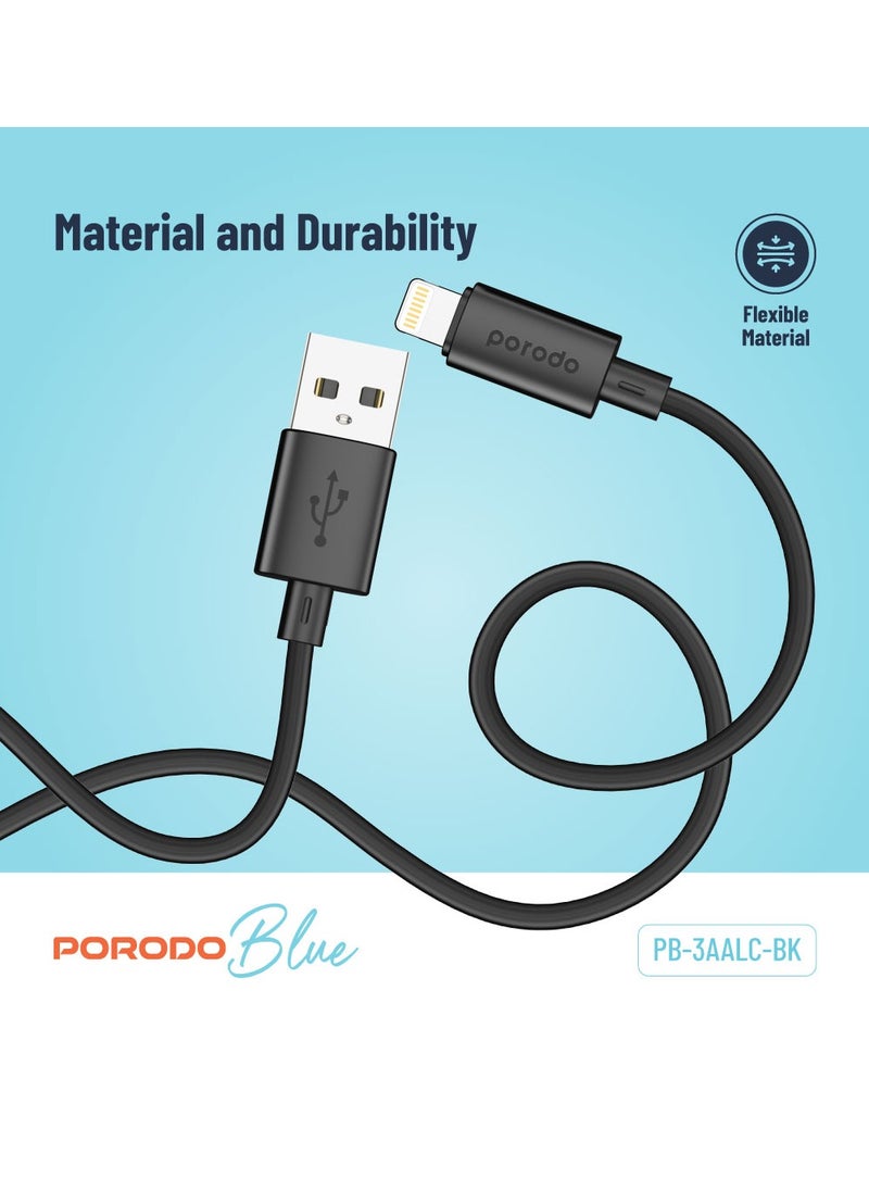 porodo - USB A to Lightning PVC Cable 1.2M / 3A Fast Charge /Flexible Material /Universal Compatibility - Black - Image 1