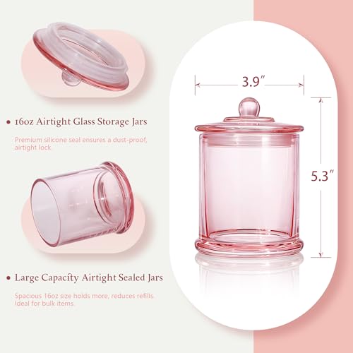 Ronasip 3 Pack Qtip Holder Dispenser, 16oz Bathroom Organizer and Storage Canisters, glass vanity organizer with lid - Home Decor, Room Decor Aesthetic (Pink) - Image 4
