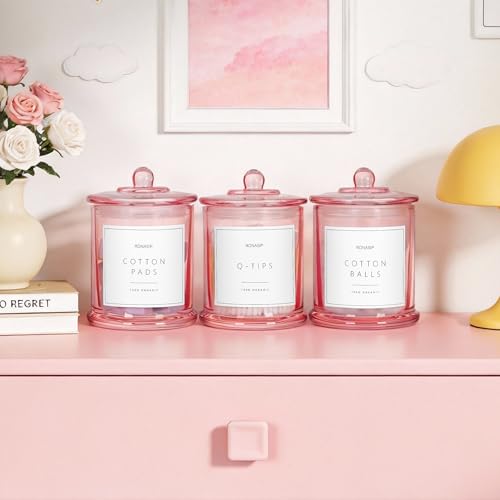 Ronasip 3 Pack Qtip Holder Dispenser, 16oz Bathroom Organizer and Storage Canisters, glass vanity organizer with lid - Home Decor, Room Decor Aesthetic (Pink) - Image 3