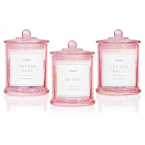 Ronasip 3 Pack Qtip Holder Dispenser, 16oz Bathroom Organizer and Storage Canisters, glass vanity organizer with lid - Home Decor, Room Decor Aesthetic (Pink) - Image 1