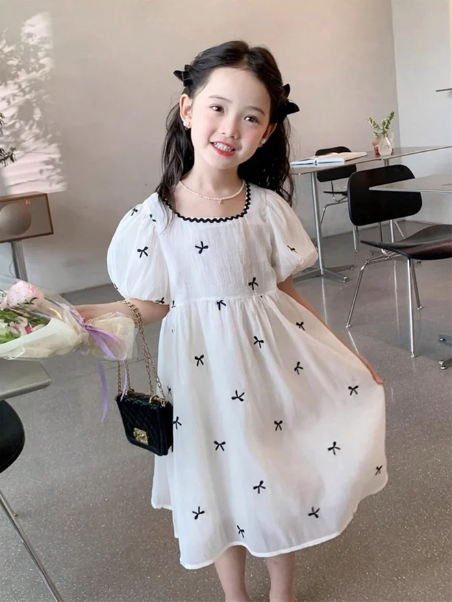 Take Two beige Girls Bow Print Puff Sleeve Dress for Women | Best Price UAE