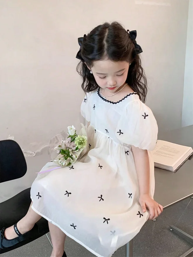 Take Two beige Girls Bow Print Puff Sleeve Dress for Women | Best Price UAE