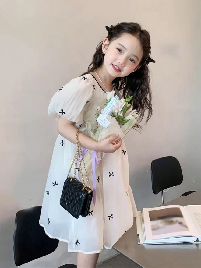 Take Two beige Girls Bow Print Puff Sleeve Dress for Women | Best Price UAE
