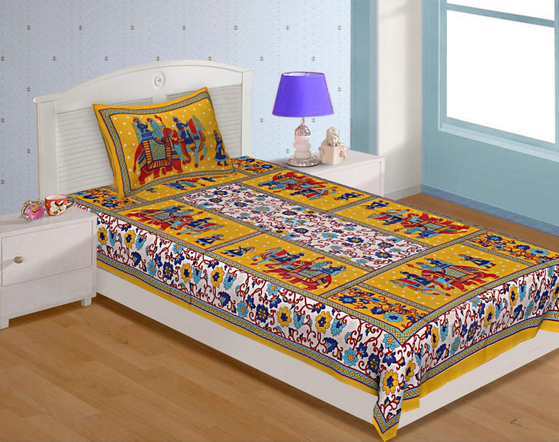 BedZone Cotton 180 TC Comfort Rajasthani Jaipuri Traditional Bed Sheet with 1 Pillow Cover (Multi, Single , RE, 01) - Image 1